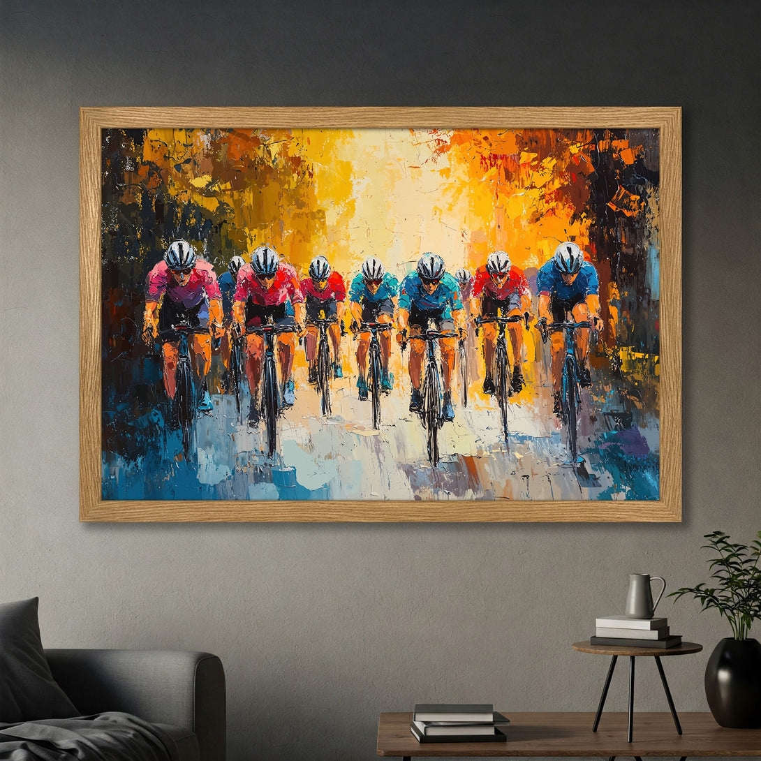 Framed Poster of cyclists racing, impressionist style with vibrant orange, yellow, blue color palette. Perfect wall art for sports fans.