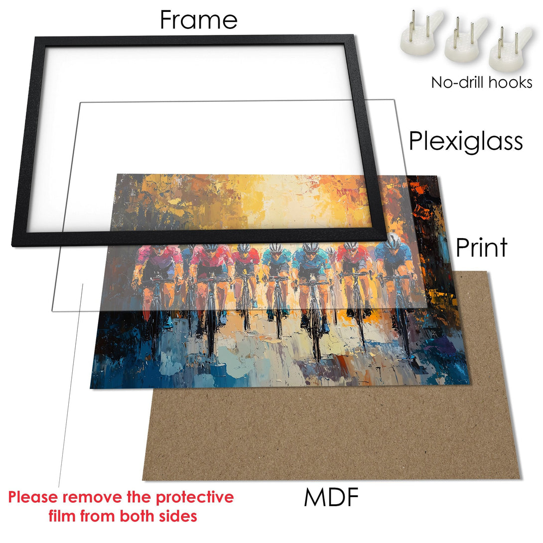 Framed Poster featuring cyclists in an impressionistic style with a warm, colorful palette. Perfect wall art for your home!