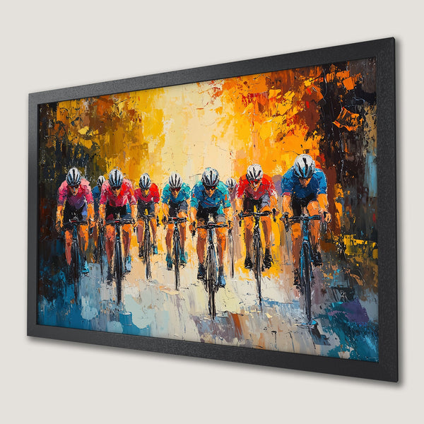 Framed Poster of cyclists racing, impressionist style with vibrant warm and cool color palette. Perfect wall art for sports fans!