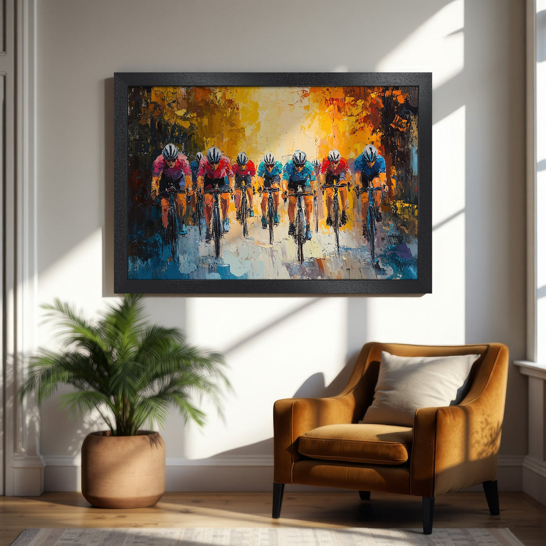 Framed Poster featuring a cycling race in an impressionist style, vibrant warm color palette. Perfect wall art for sports enthusiasts.