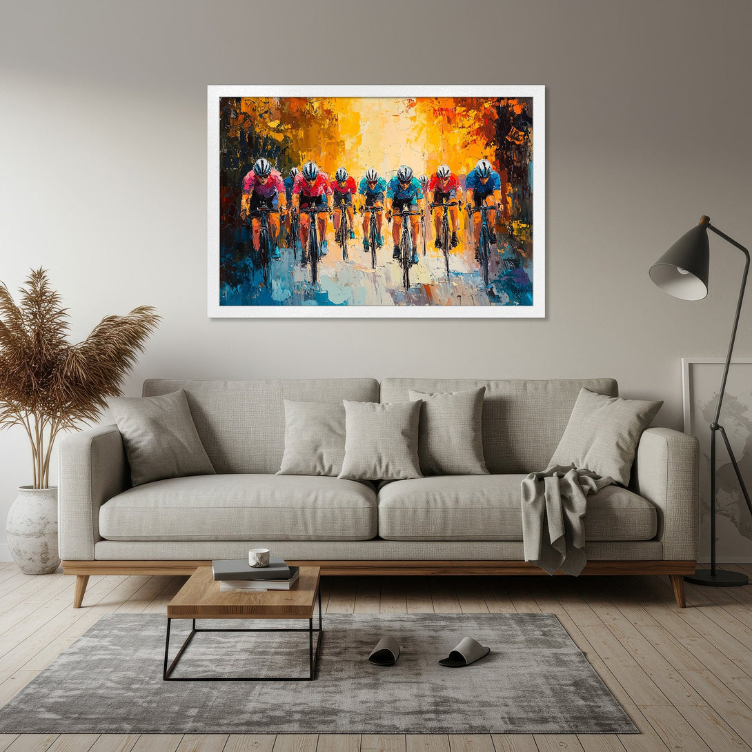 Framed Poster of cyclists in a vibrant, impressionistic style with a warm, colorful palette. Perfect wall art for any space!