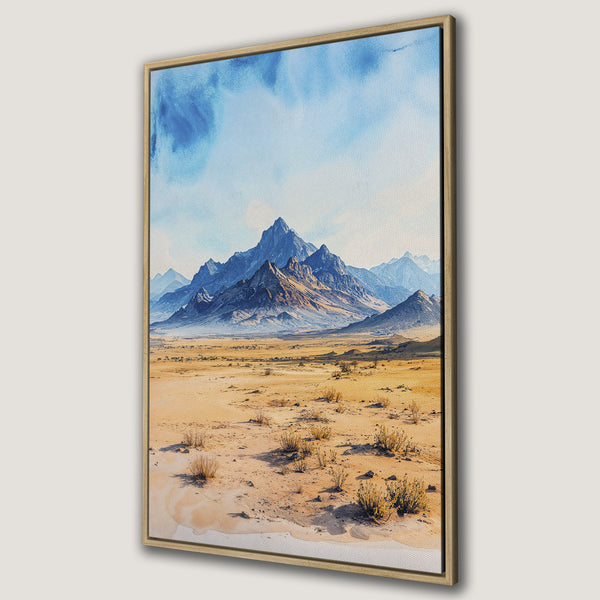 Framed Wall Art featuring a watercolor landscape of mountains and desert. Earthy tones with blue sky. Perfect for adding a touch of nature to your home.
