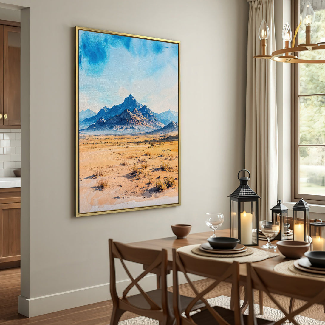 Canvas Print of a watercolor mountain landscape in a neutral interior. Features blue, beige, and brown tones. Perfect wall art for your home!