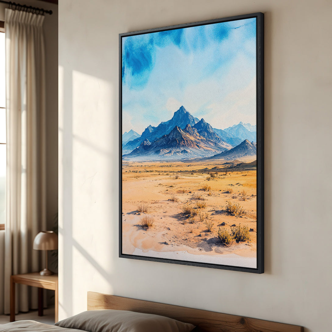 Framed Wall Art: Watercolor desert landscape Canvas Print with blue mountains and warm earth tones. Perfect for adding a touch of nature to your home decor.
