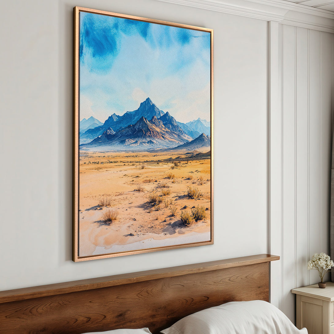 Framed Wall Art: Desert landscape Canvas Print in blue and beige tones. Modern art for bedroom decor. Add a touch of nature to your home.