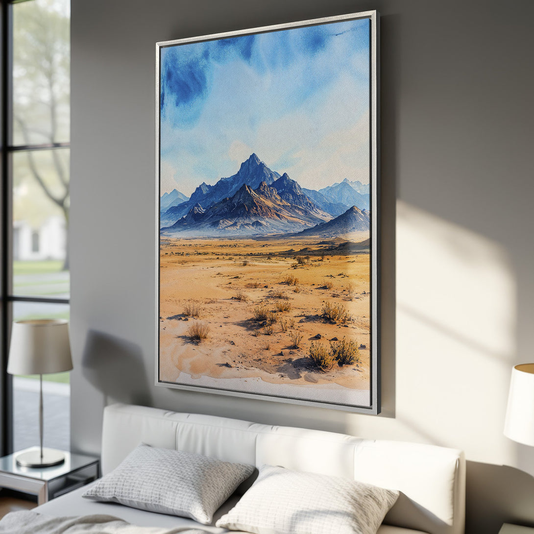 Framed Wall Art: Watercolor mountain landscape Canvas Print in blue, beige, and tan tones. Add serene desert art to your bedroom decor.