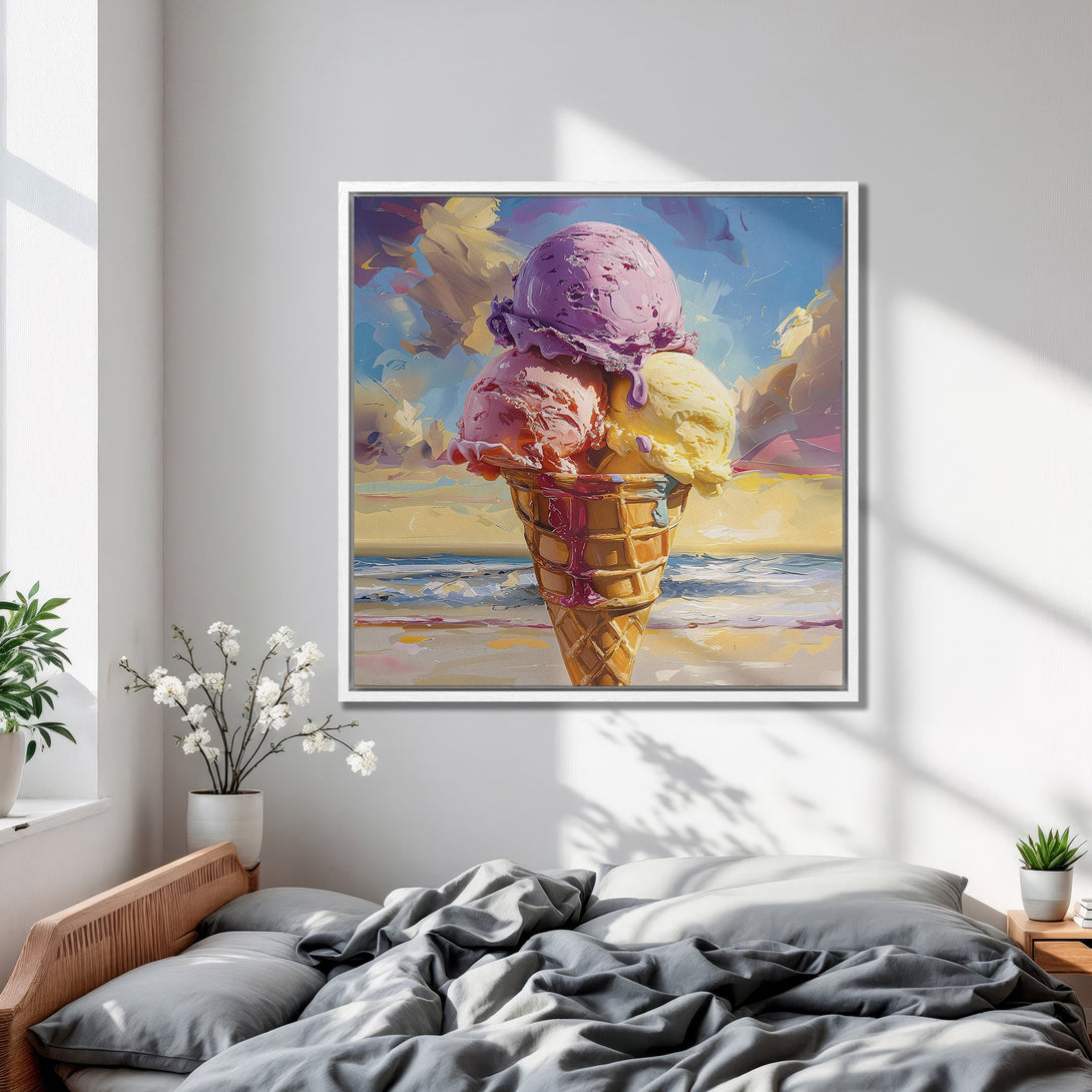 Framed Wall Art: Colorful ice cream cone painting in impressionist style, featuring a vibrant palette of pinks, purples, and yellows. Perfect for kitchen or bedroom decor.