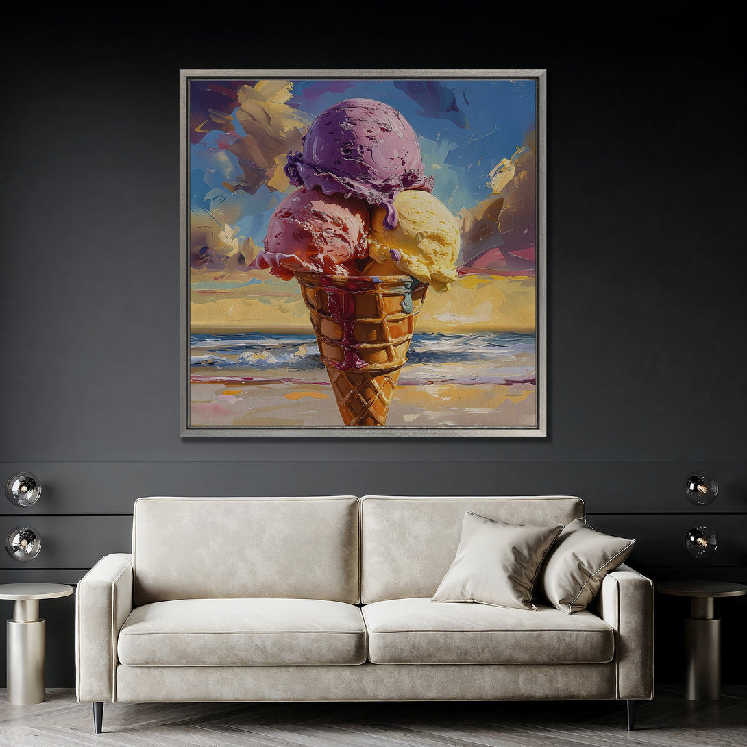 Framed Wall Art: Colorful ice cream cone painting in a vibrant, impressionistic style. Warm, inviting color palette perfect for any space.