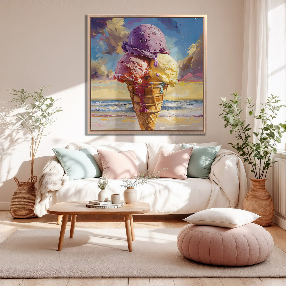 Framed Wall Art: Colorful ice cream cone painting in a modern, impressionistic style. Features a pastel color palette, perfect for adding a touch of whimsy.
