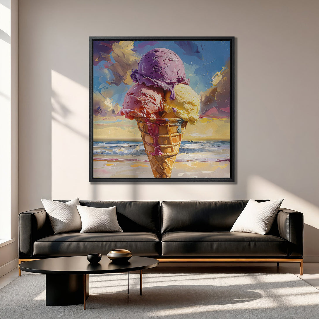 Framed Wall Art: Colorful ice cream cone painting in a modern style. Pastel color palette, perfect for adding a pop of fun to your home decor.