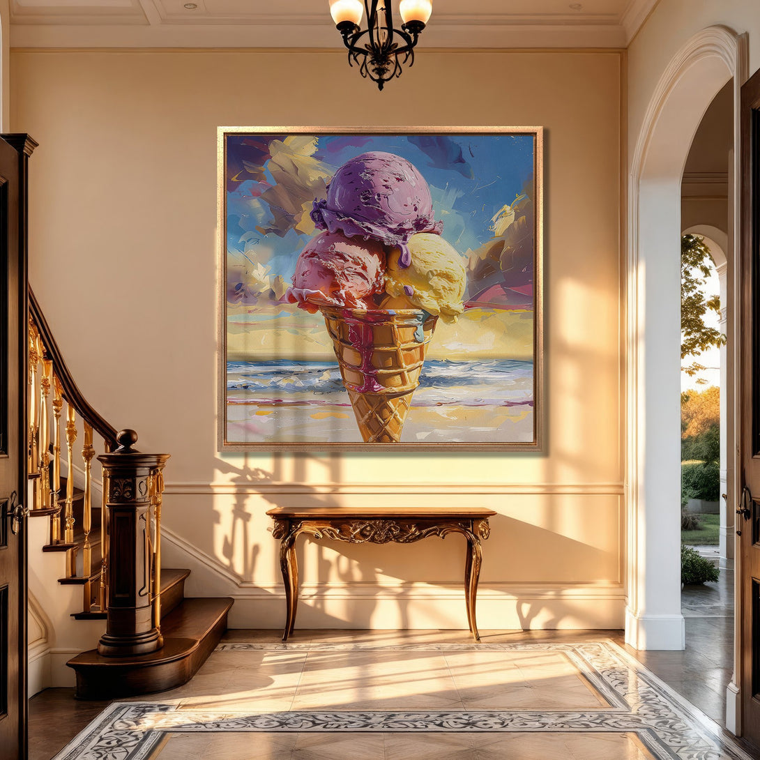 Framed Wall Art: Colorful ice cream cone painting in a bright, impressionistic style. Features a warm, inviting color palette, perfect for kitchen or dining room decor.