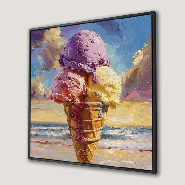 Framed Wall Art of an ice cream cone on a beach, vibrant colors and impressionistic style. Perfect for adding a sweet touch to your home decor.