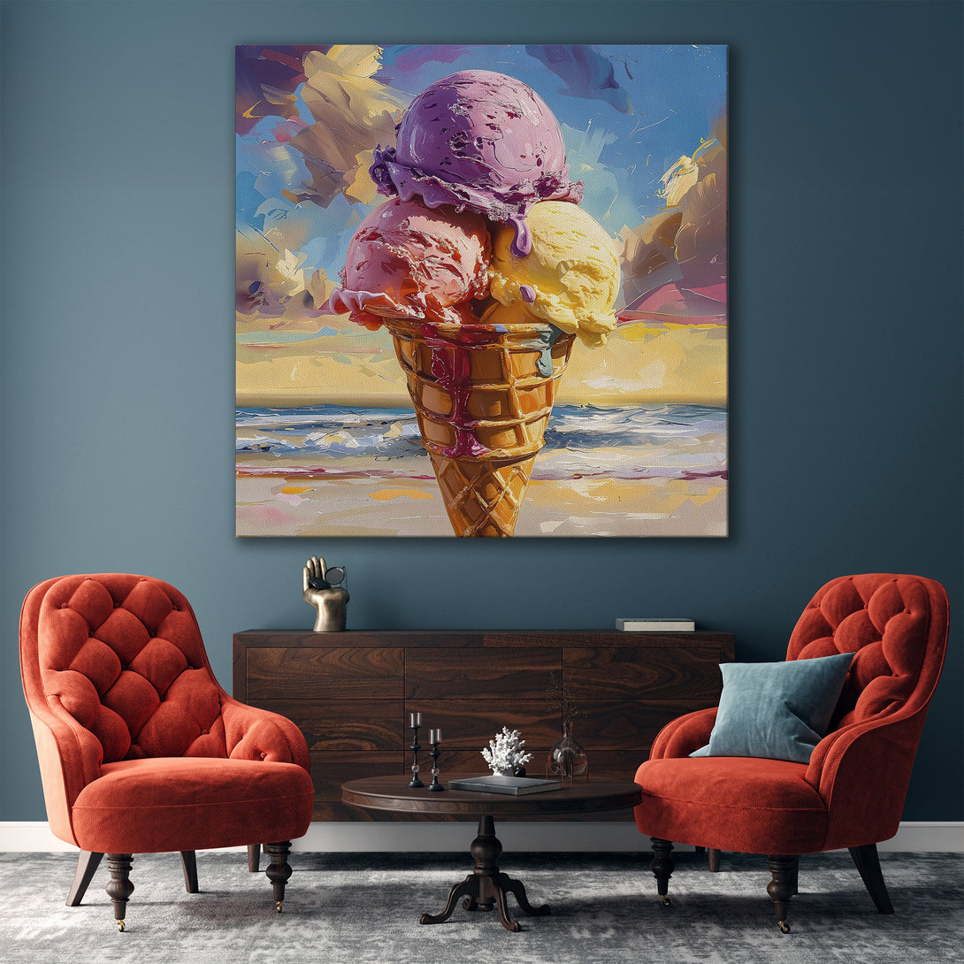 Framed Wall Art: Colorful ice cream cone painting in a modern style, with a vibrant palette of blues, pinks, and yellows. Perfect for adding a pop of color!