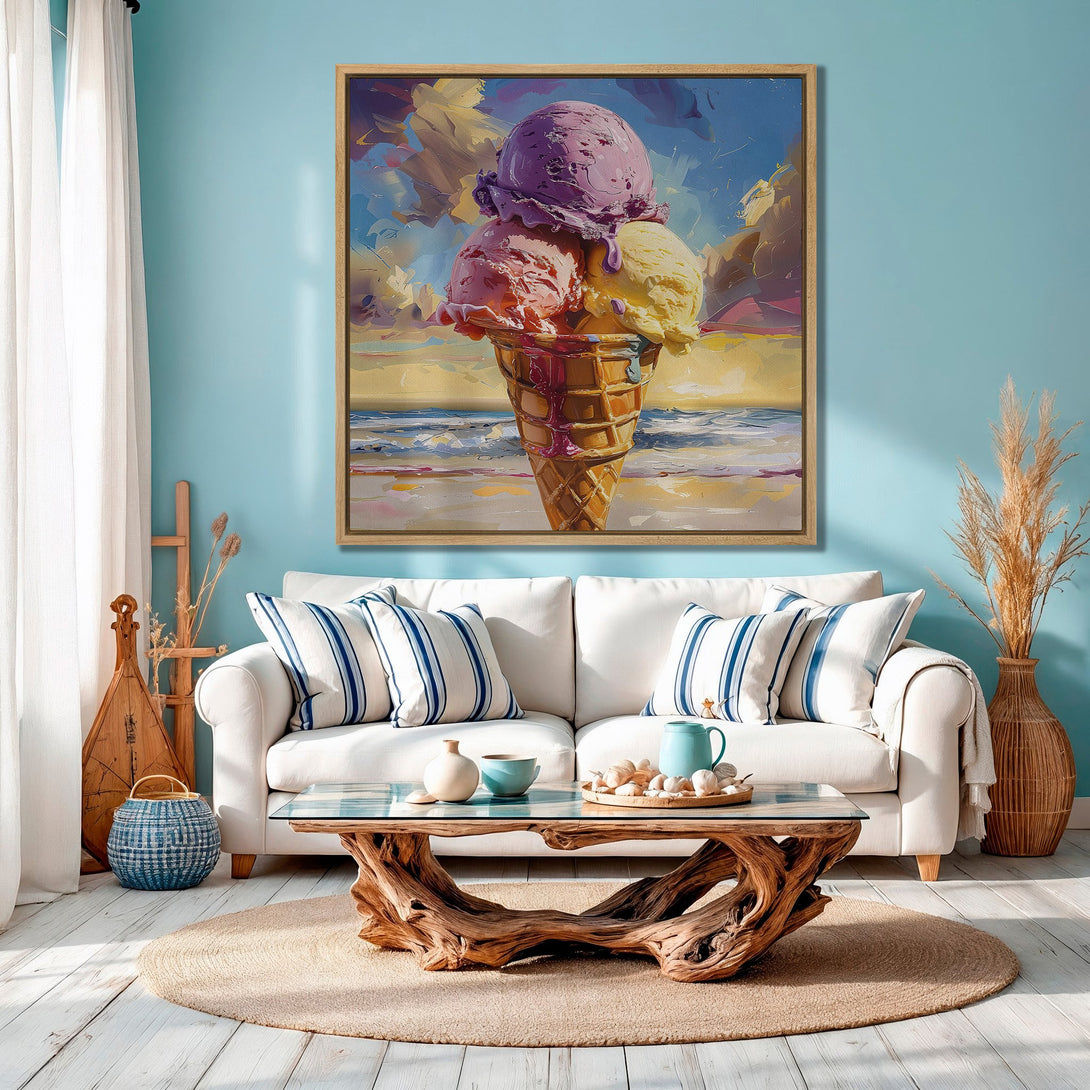 Framed Wall Art: Colorful ice cream cone painting in a coastal style. Features a vibrant palette of purples, pinks, and yellows, perfect for adding a pop of color.