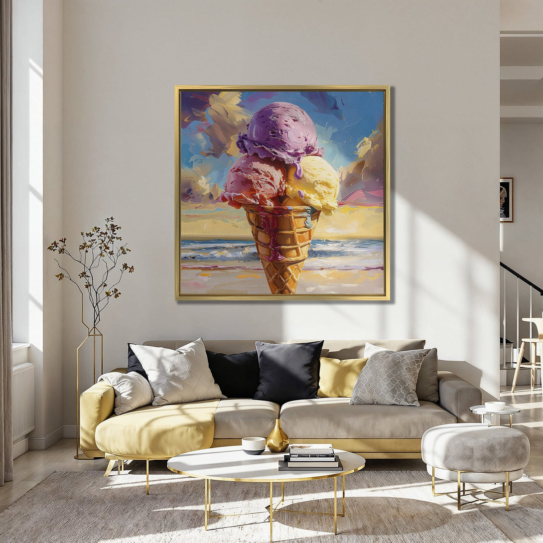 Canvas Print of a vibrant ice cream cone painting. Features a colorful palette of purple, pink, and yellow. Perfect wall art for your home!