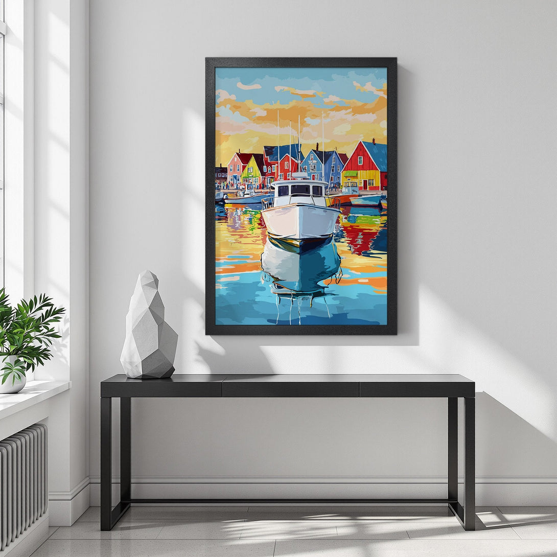 Framed Poster featuring a vibrant harbor scene with colorful houses and boats. Pop art style, warm color palette. Add coastal charm to your space!