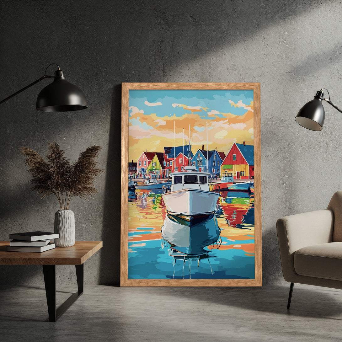 Framed Poster featuring a colorful harbor scene with boats and houses. Vibrant art print in a warm, inviting color palette. Perfect wall decor!