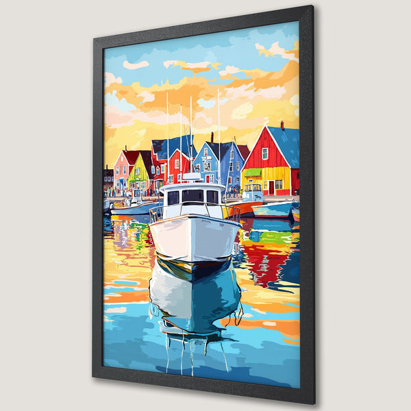 Framed Poster: Coastal boat scene art print with vibrant colors and bold style. Perfect wall art for any space.