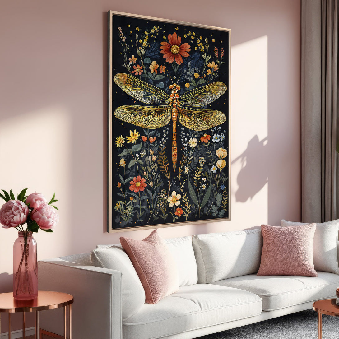 Framed Wall Art featuring a dragonfly and floral design in a botanical style with a dark background and warm color palette. Perfect for home decor!