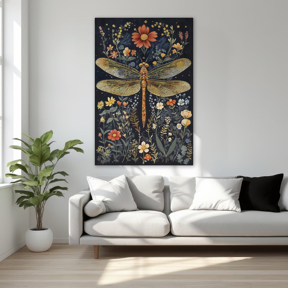 Framed Wall Art featuring a golden dragonfly and floral design. Elegant, botanical style with a black background and warm, earthy color palette. Perfect for bedroom decor.