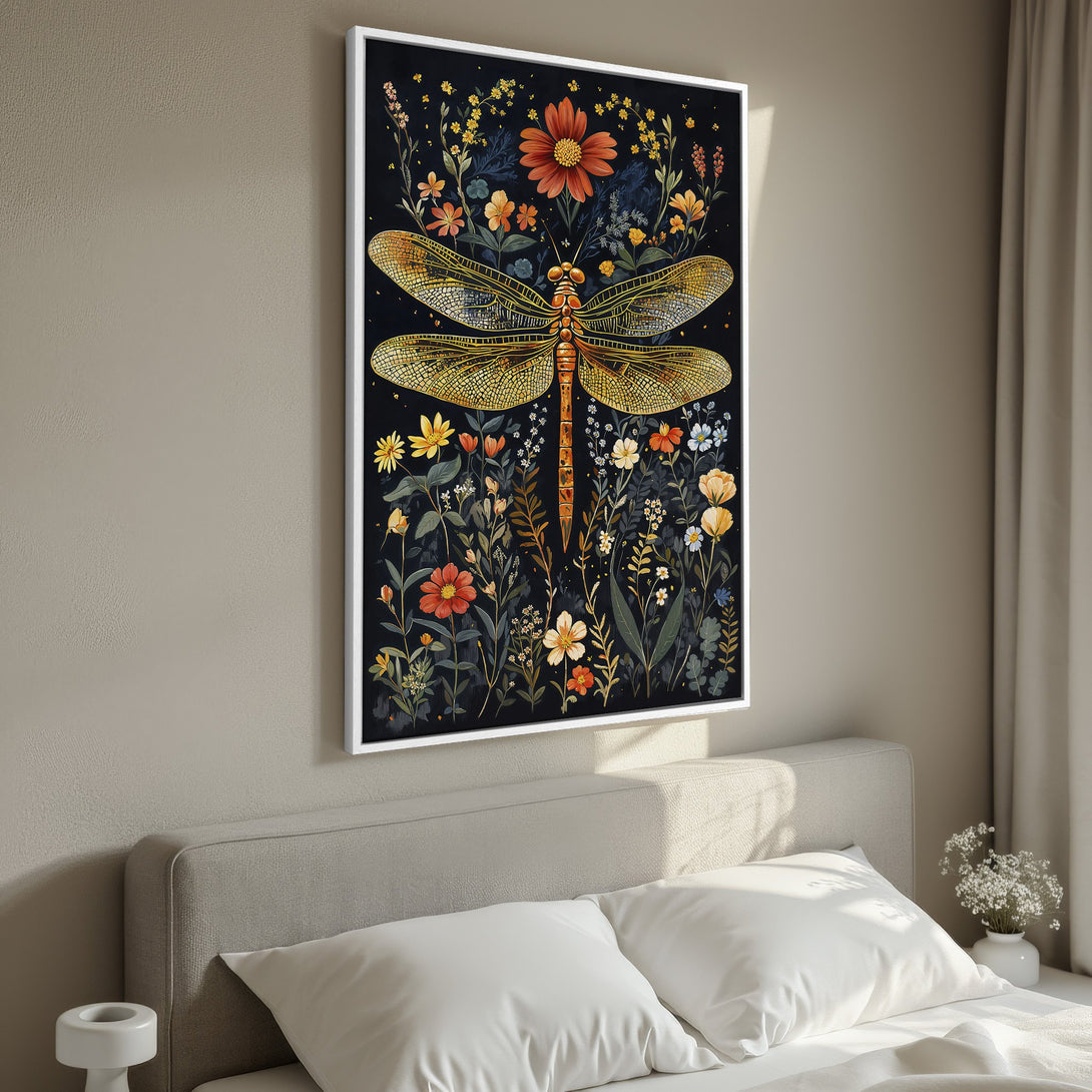 Framed Wall Art featuring a dragonfly and floral design. Dark background with warm orange, yellow, and green hues. Perfect for adding a touch of nature to your space.