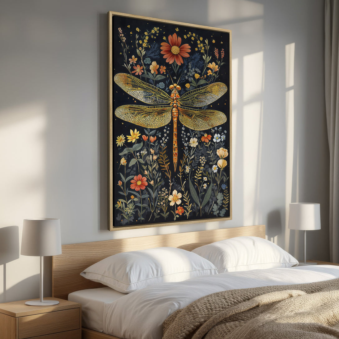 Framed Wall Art featuring a dragonfly and floral design in a botanical style with a warm, earthy color palette. Perfect bedroom decor!