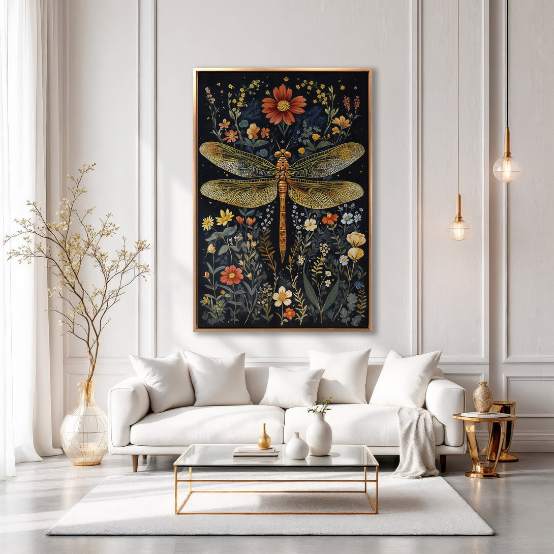 Framed Wall Art: Dragonfly canvas print in a modern living room. Features a botanical illustration with warm gold, orange, and black tones. Elevate your home decor!