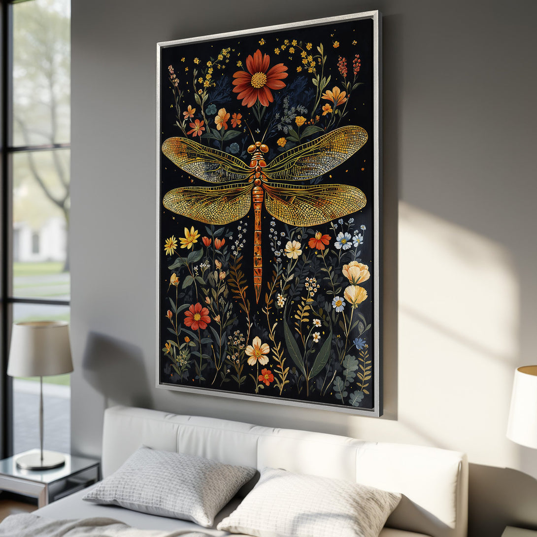 Framed Wall Art: Botanical dragonfly art print with a dark floral background. Warm, earthy tones in a bedroom setting. Elevate your home decor!