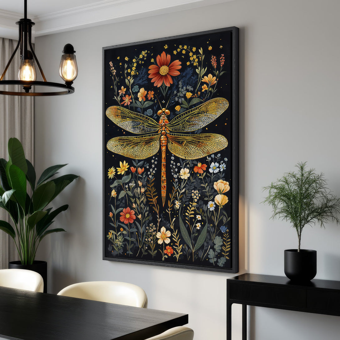 Framed Wall Art featuring a detailed dragonfly and floral design with a dark background. Warm, earthy tones create a striking, nature-inspired aesthetic.
