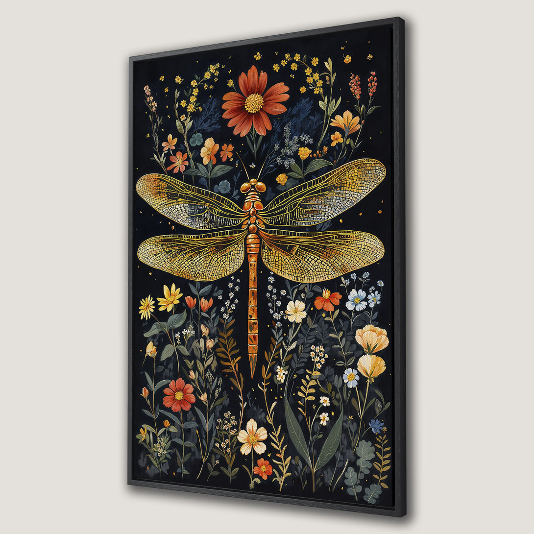 Framed Wall Art featuring a golden dragonfly and floral arrangement on a black background. Botanical art with warm, earthy tones. Perfect for home decor.