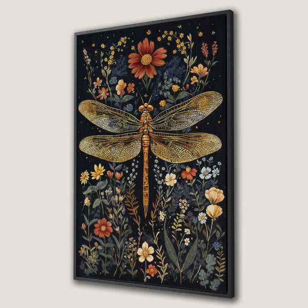Framed Wall Art: Botanical dragonfly print in watercolor style. Features a dark background with orange, yellow, and blue floral accents. Perfect for adding a touch of nature.