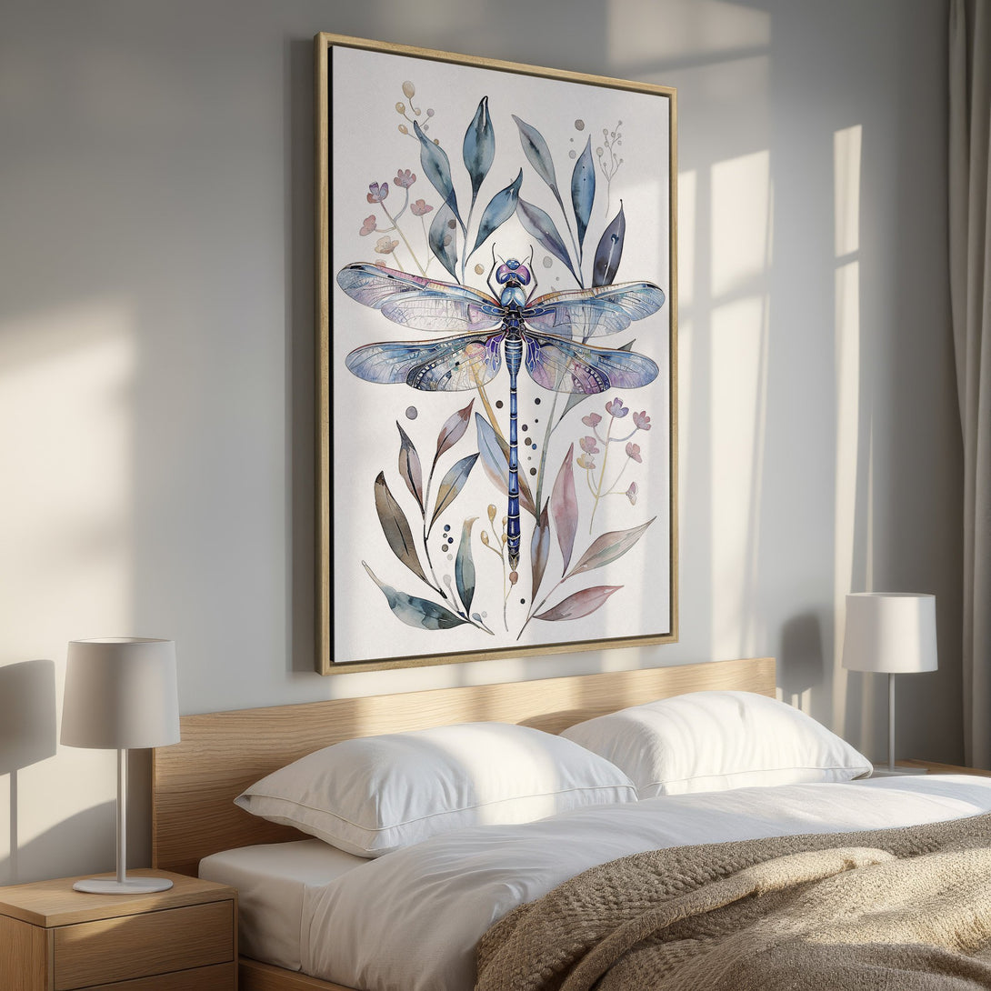Framed Wall Art: Watercolor dragonfly print in blue and purple hues. Add a touch of nature-inspired elegance to your bedroom decor.