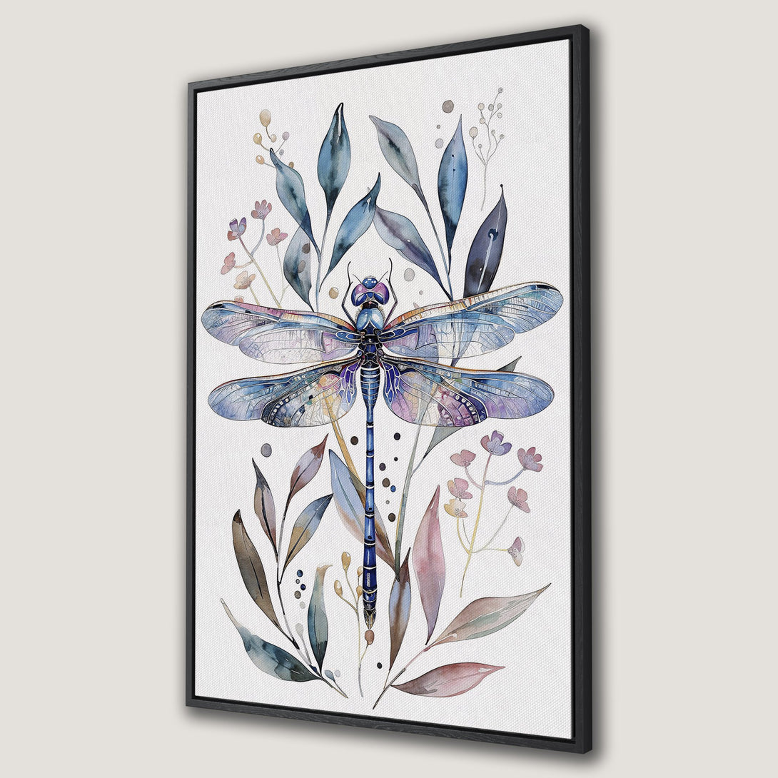 Framed Wall Art: Watercolor dragonfly print with blue, purple, and green hues. Botanical style canvas art for a calming, nature-inspired home decor.