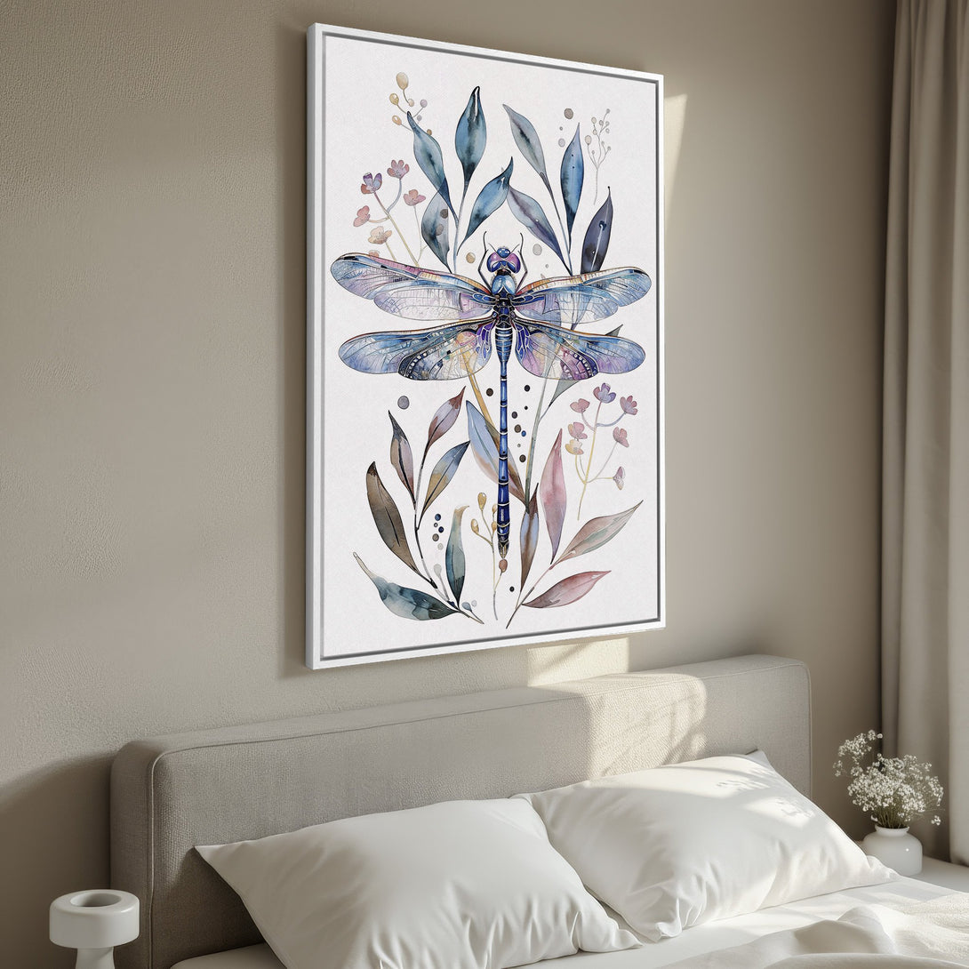 Framed Wall Art featuring a watercolor dragonfly in blue and purple hues. Perfect for adding a touch of nature-inspired elegance to your bedroom decor.