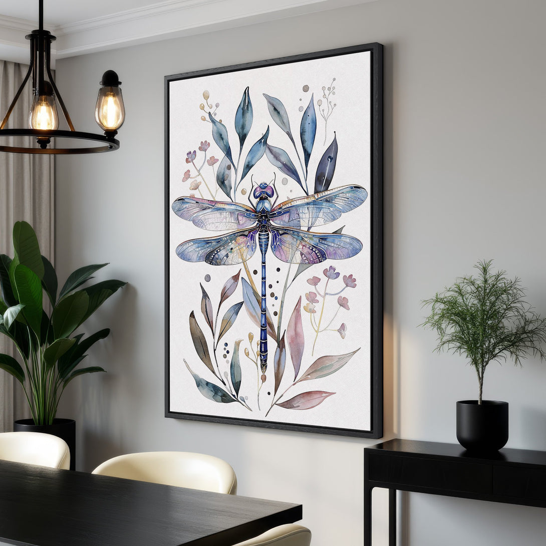 Framed Wall Art featuring a watercolor dragonfly with blue, purple, and green hues. Perfect for adding a touch of nature-inspired elegance to your home decor.