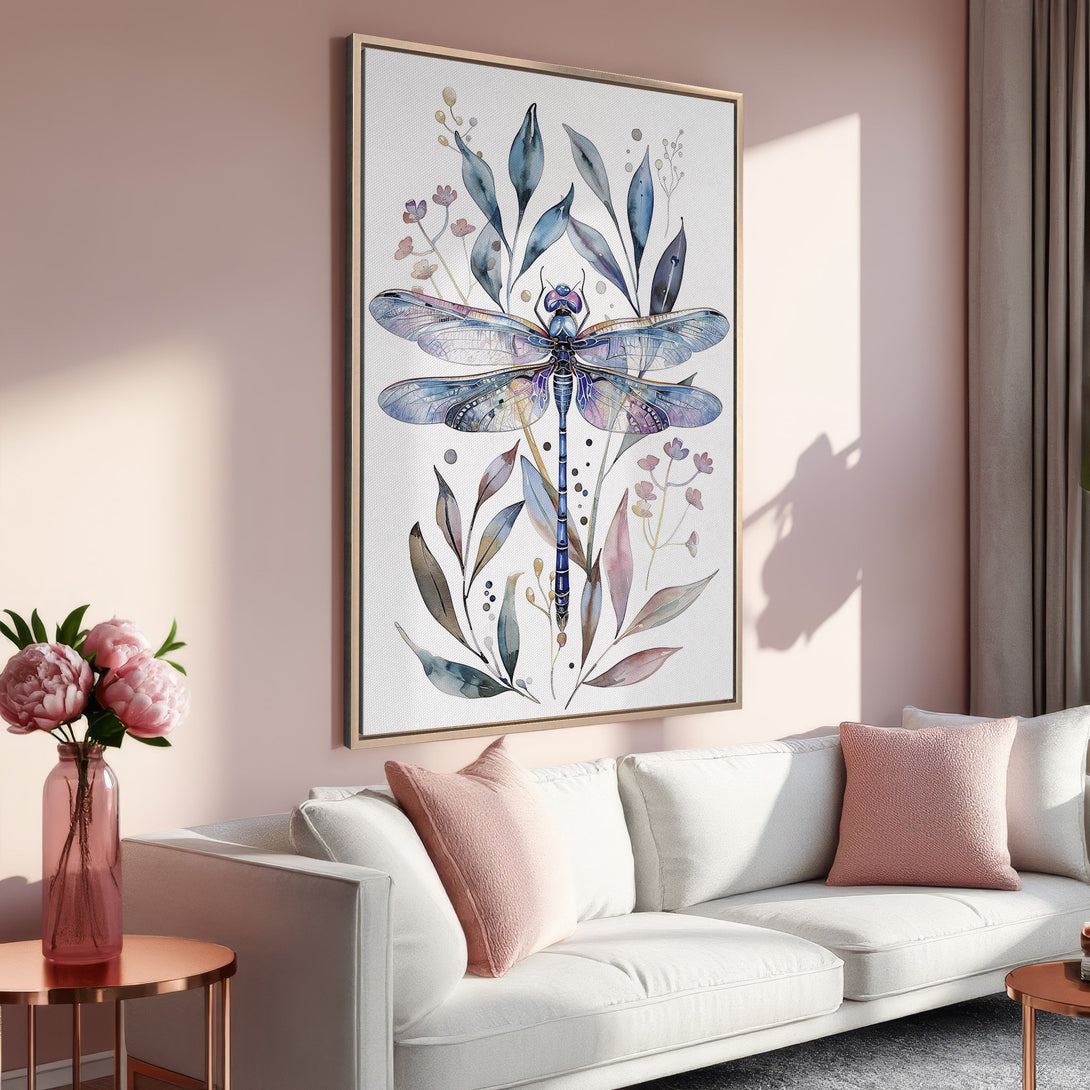 Framed Wall Art: Watercolor dragonfly print in a modern interior. Features a soft, pastel color palette with blues, purples, and pinks. Perfect home decor accent.
