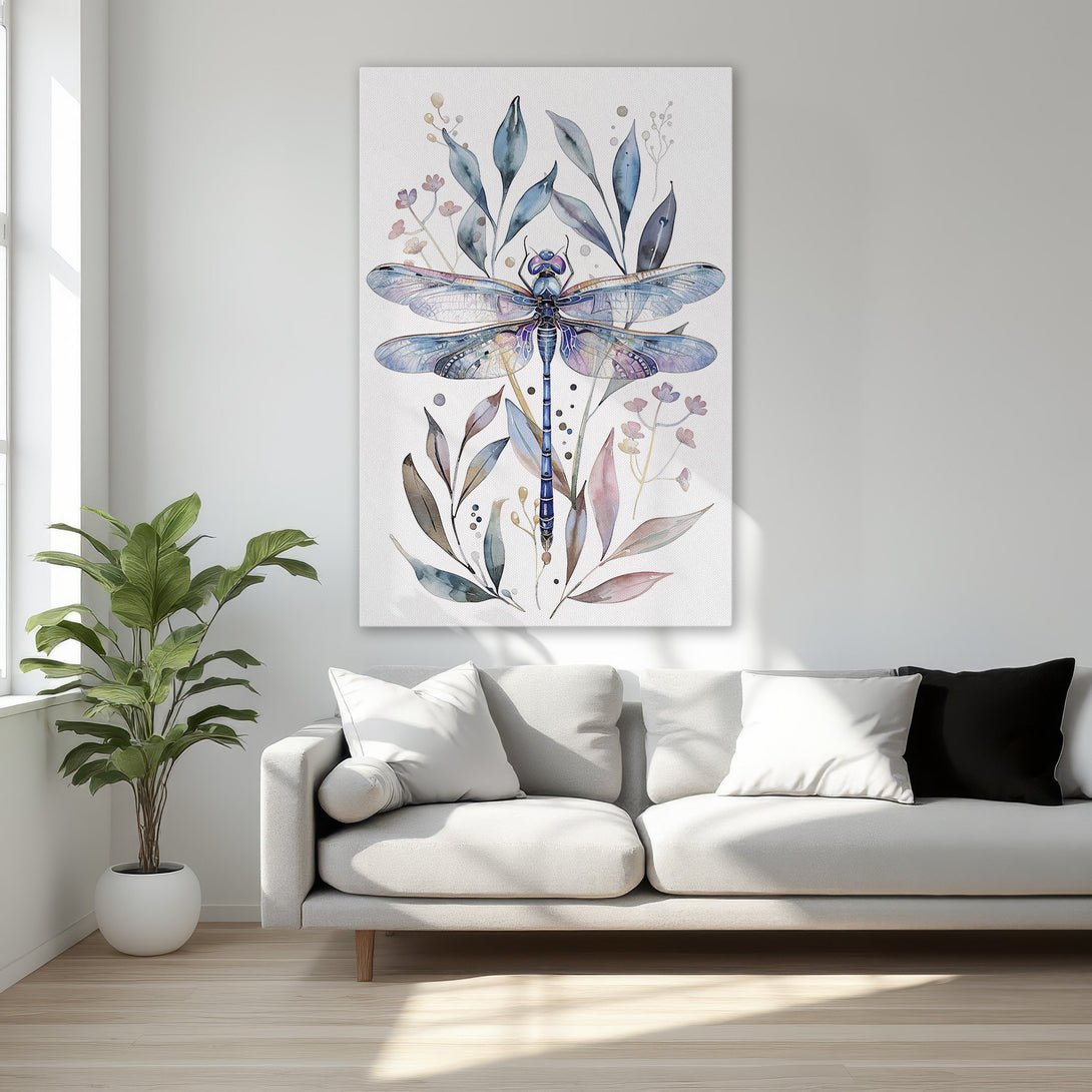 Framed Wall Art featuring a watercolor dragonfly with blue, purple, and green hues. Elegant decor for any room.