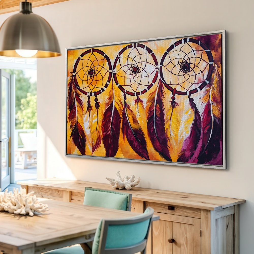 Framed Wall Art: Dreamcatcher painting in warm yellow and burgundy tones. Add bohemian style to your home with this stunning canvas print.