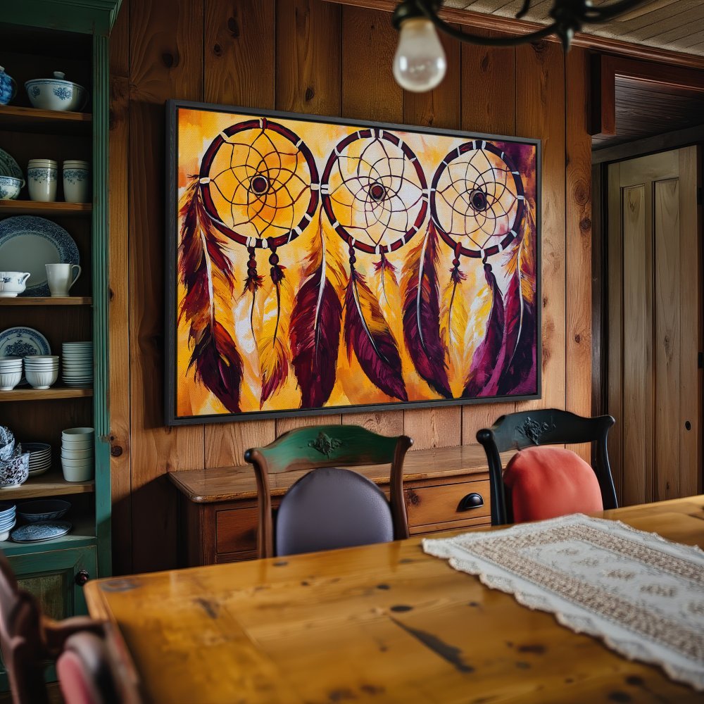 Framed Wall Art: Dreamcatcher Canvas Print in warm yellow and burgundy tones. Adds bohemian style to any room. Shop now!