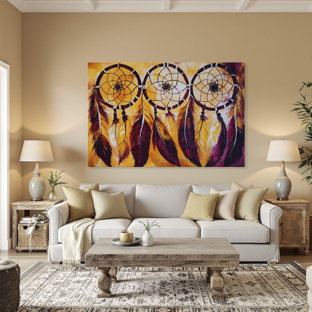 Framed Wall Art: Dreamcatcher painting in warm yellow and burgundy tones. Add bohemian style to your home with this stunning Canvas Print.