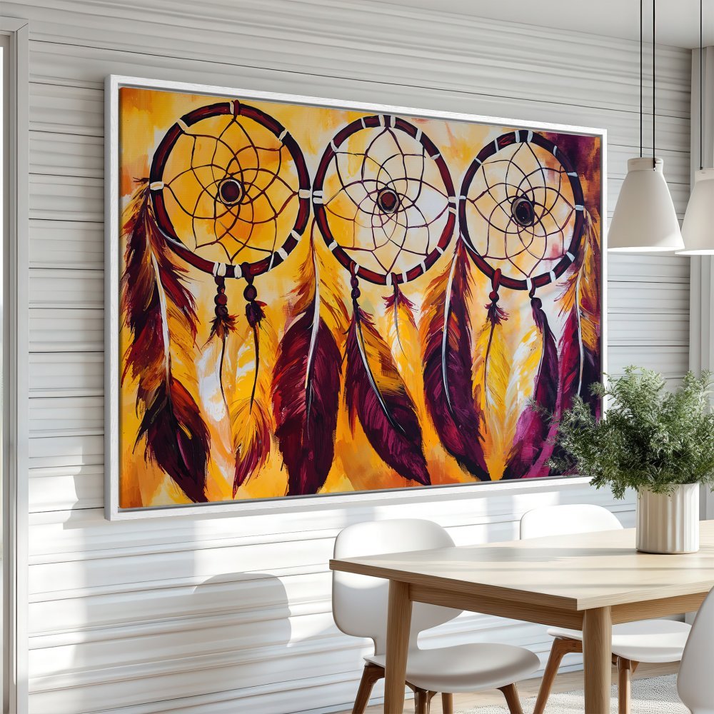 Framed Wall Art: Dreamcatcher painting in warm yellow & burgundy tones. Add bohemian style to your space with this vibrant Canvas Print.