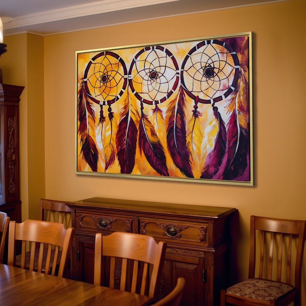 Dreamcatcher Canvas Print, boho wall art in warm yellow and purple tones, perfect for living room decor.