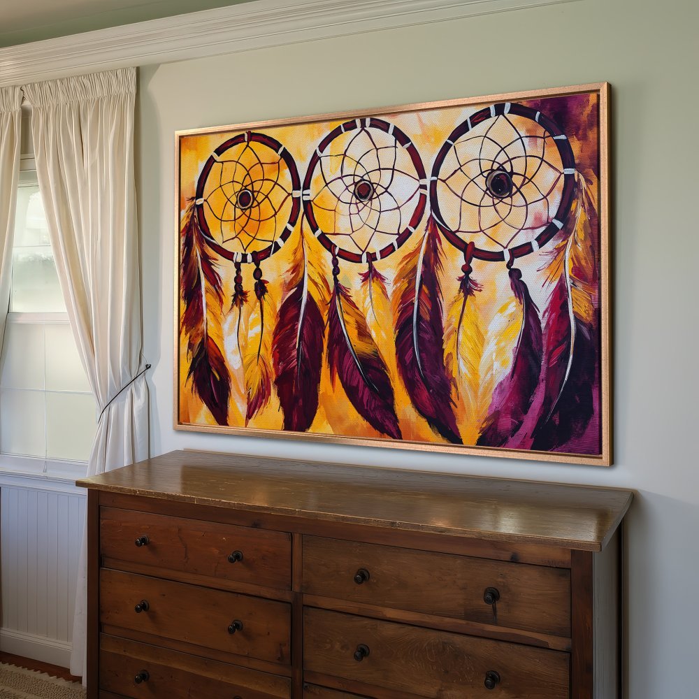 Framed Wall Art: Dreamcatcher Canvas Print in warm orange & burgundy tones. Boho style art for your home decor.