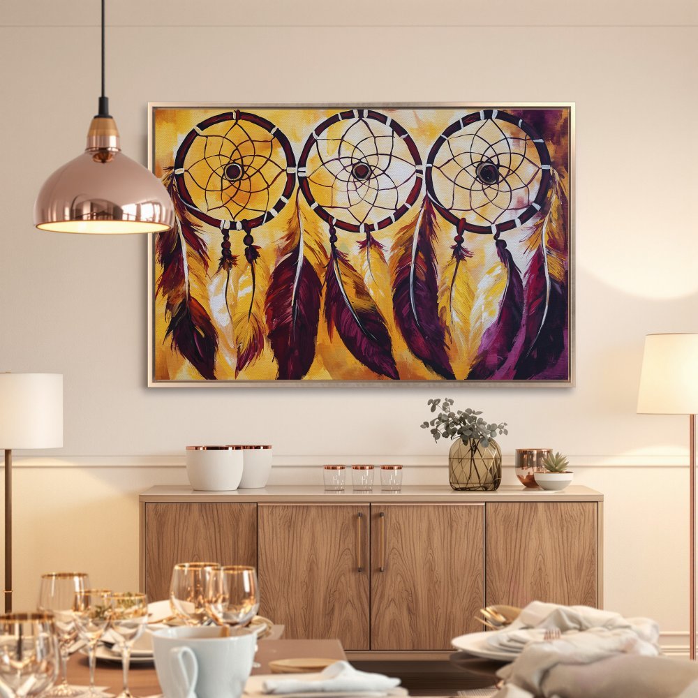 Framed Wall Art: Dreamcatcher canvas print in warm yellow and burgundy tones, perfect for boho home decor. Shop now!
