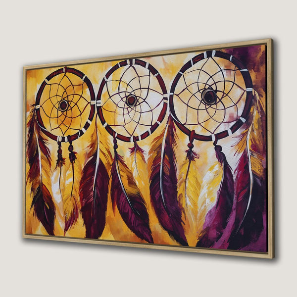 Framed Wall Art: Dreamcatcher Canvas Print with warm yellow, burgundy, and brown hues. Boho style art for your home.