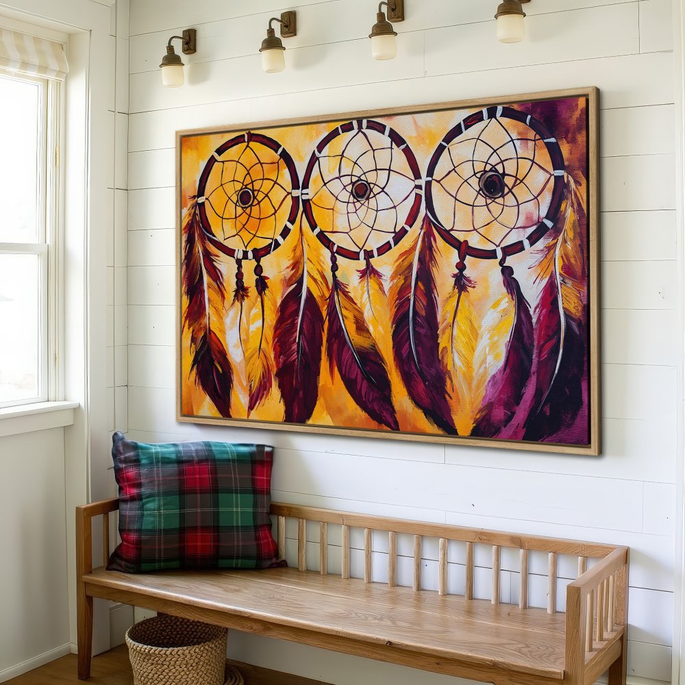 Framed Wall Art: Dreamcatcher Canvas Print in warm yellow and burgundy tones. Boho style art for living room or bedroom decor.