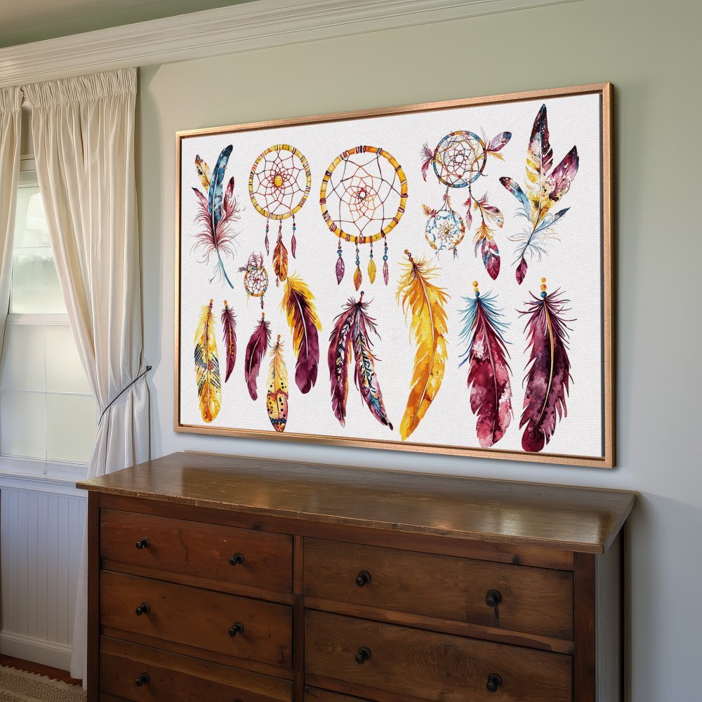 Framed Wall Art: Watercolor dreamcatcher and feather print in warm, earthy tones. Boho style canvas print for your home decor.