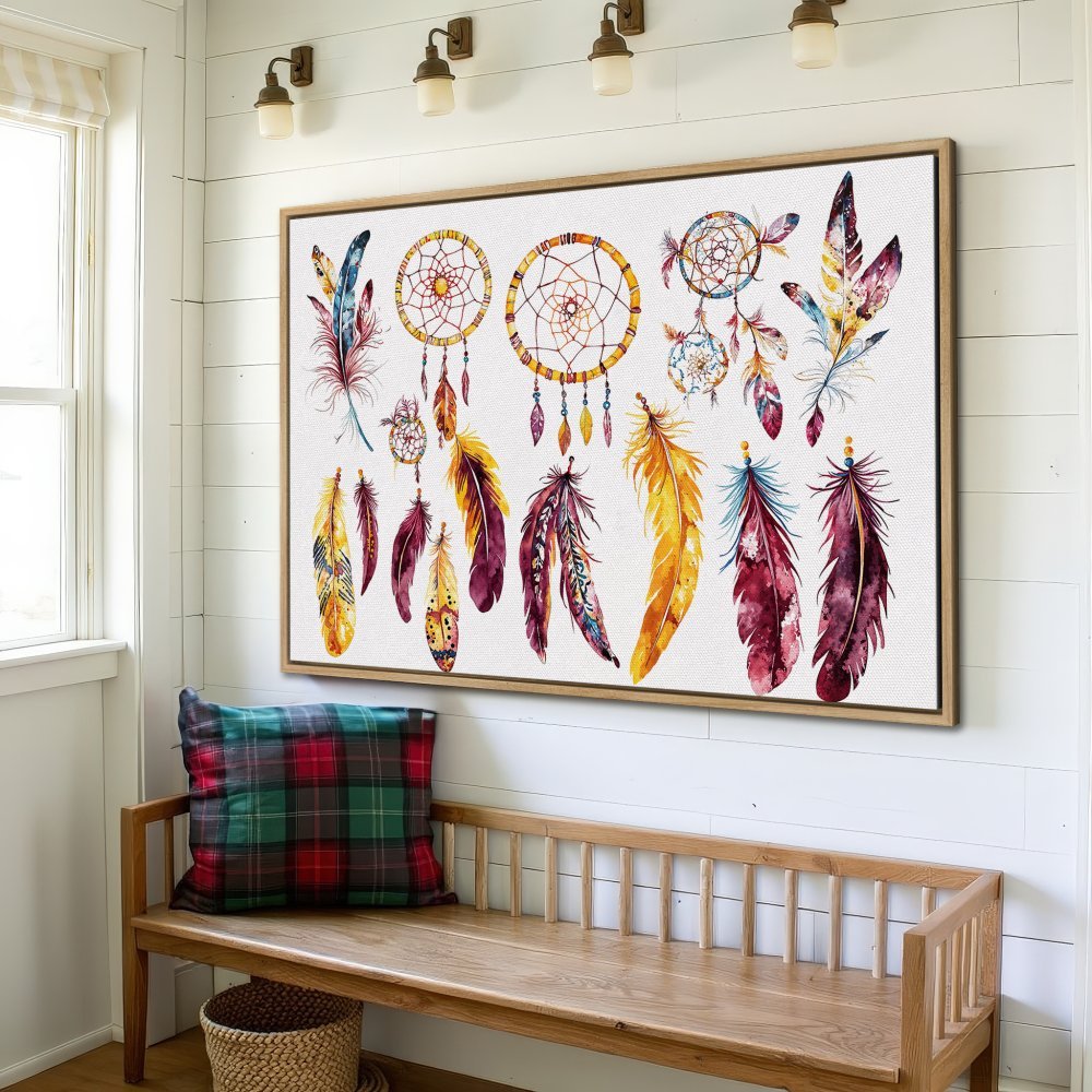 Framed Wall Art: Watercolor dreamcatcher and feather print in warm tones. Bohemian style canvas art for a cozy home.