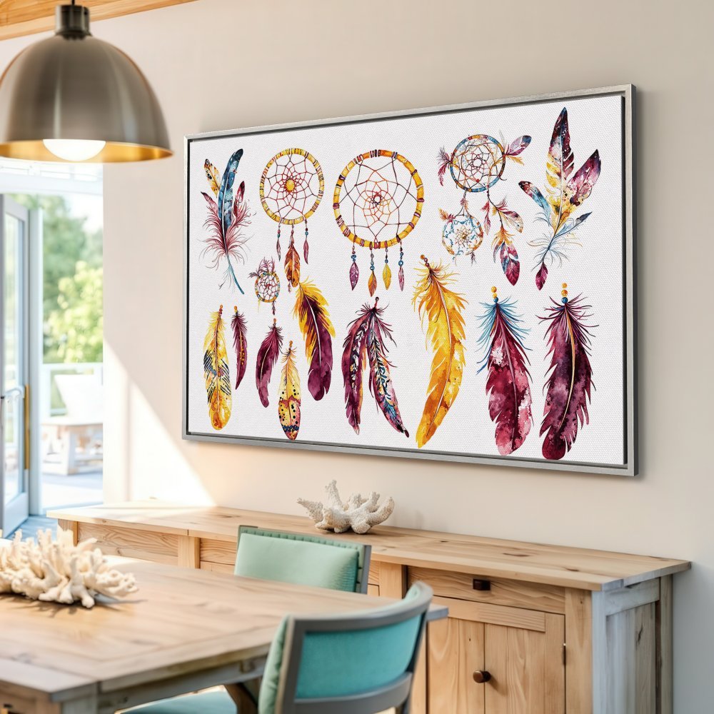 Framed Wall Art: Watercolor dreamcatcher and feather Canvas Print. Boho style, warm yellow, red, and teal color palette. Perfect wall decor!