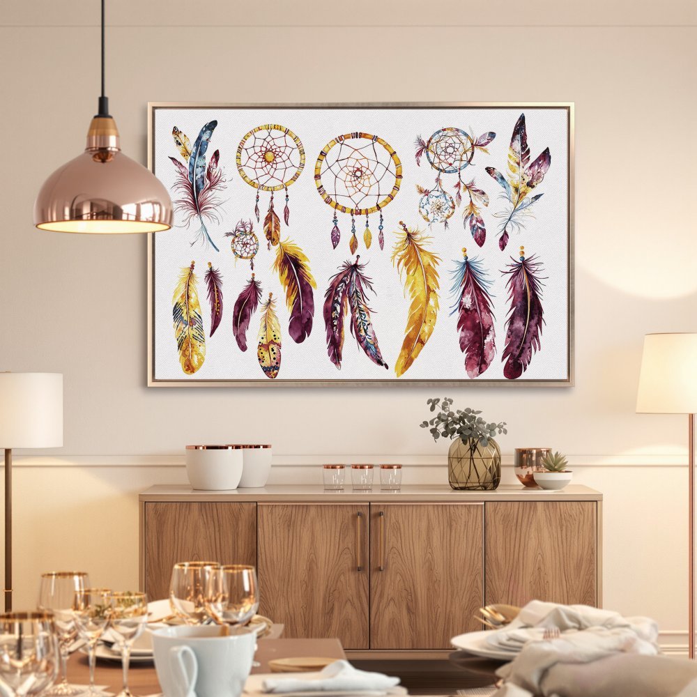 Framed Wall Art: Watercolor dreamcatcher and feather print. Boho style with warm yellow, purple, and blue hues. Perfect for living room decor.